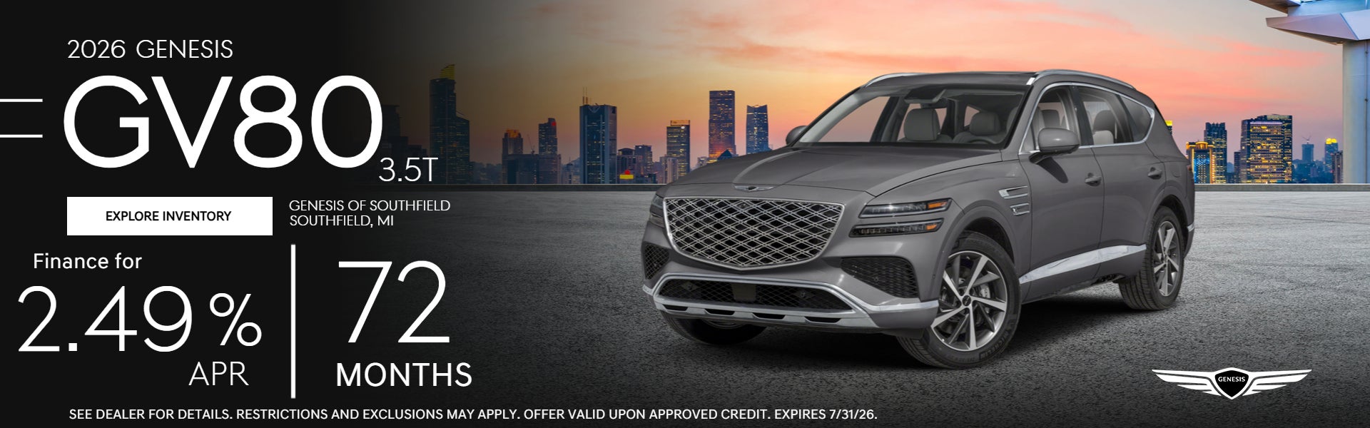 GV80 3.5T 2.49% APR for 72 Months Upon Approved Credit